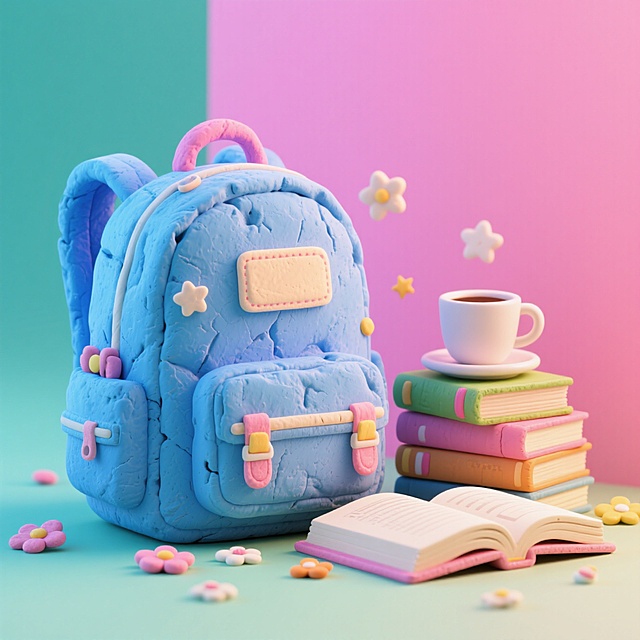 一个蓝色的学生书包，旁边摆放着几本书，其中一本书本摊开，还有咖啡，星星、小花等氛围装饰，撞色，粉色背景