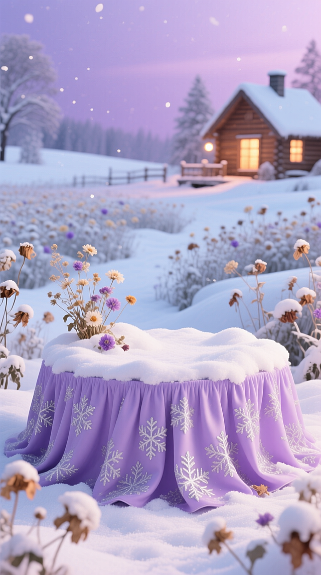 3D 虚拟自然环境，主体是布艺褶皱展台，浅紫底色绣银雪纹，台面堆雪，点缀干花。背景是雪覆花田，残花沾雪，远处木屋亮暖灯，浅紫 + 雪白配色，温柔明亮，浪漫雅致。
