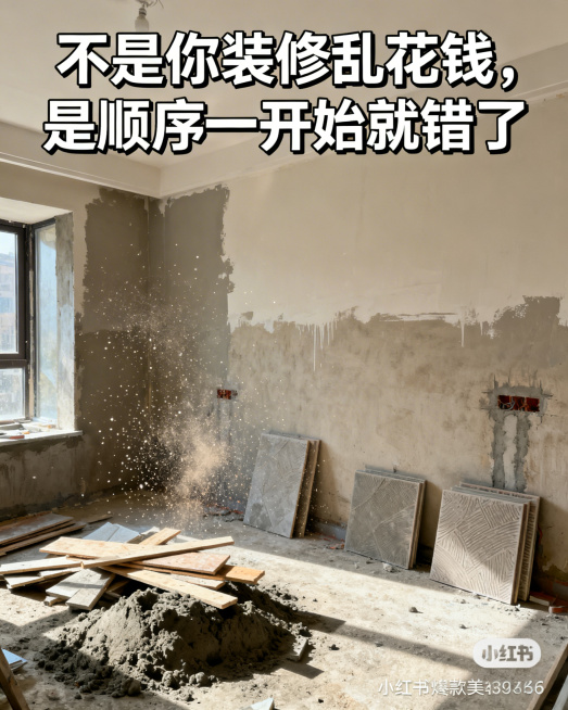 A realistic home renovation site with visible construction materials and dust, natural daylight, sli预览效果