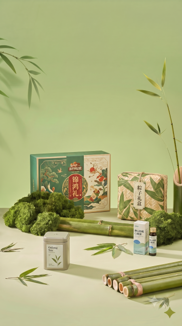 参考第一张图的绿色竹子浅绿背景风格，将后面四张产品图：乌龙茶、三只松鼠锦鸿礼礼盒、静心助眠口服液、粽子礼盒，摆放在这张图合适的位置，整体风格保持和参考图一致，清新自然绿色背景预览效果