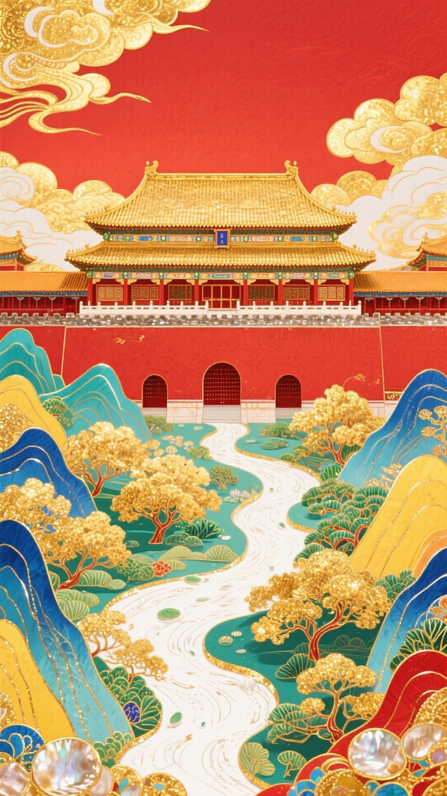 国潮风插画，鎏金浮雕质感，红金主调彰显中式奢华与喜庆，古典宫殿与山水相映，梦幻刺绣纹理点缀，尽显节日祥瑞之气。