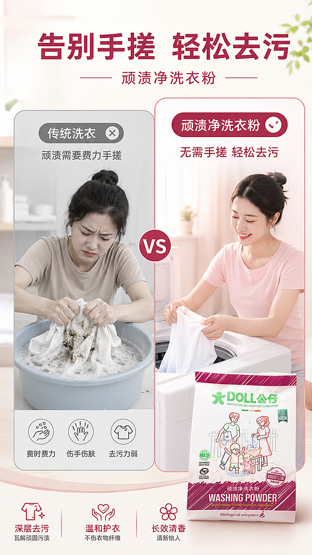 [第2屏] 痛点对比屏，左右分屏，左侧传统洗衣：顽渍需要费力手搓，右侧顽渍净：无需手搓轻松去污。产品【图1】放右下角，保留原包装外观。主标题“告别手搓 轻松去污”顶部居中。9:16竖版，4K，干净克制，对比清晰。负向提示：包装变形，文字错乱，夸张恶心画面。