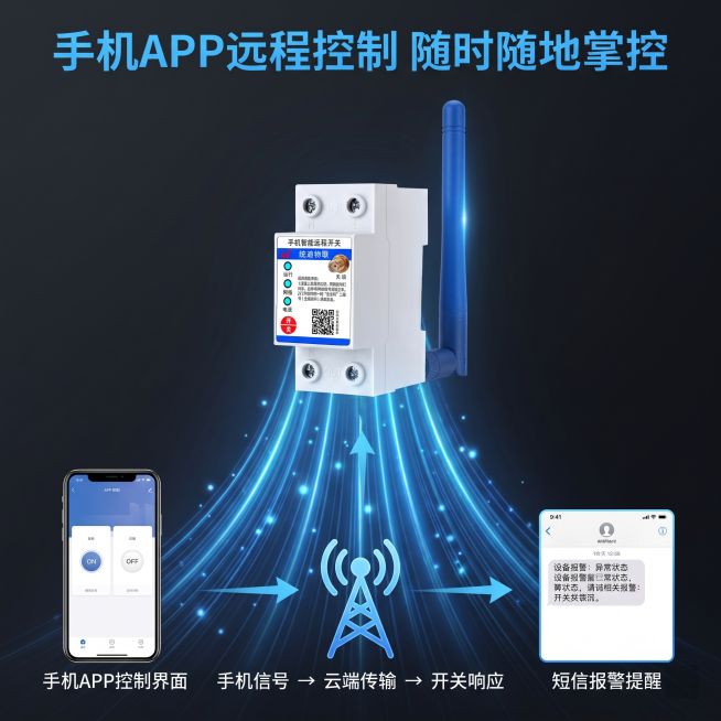 [主图 3] 单相手机远程遥控开关功能原理可视化展示，保持产品外观与原图一致，不改变产品结构颜色。风格：科技信息化可视化风格；画质：超写实C4D商业渲染，高清真实质感。画面：产品主体位于画面上半部分居预览效果