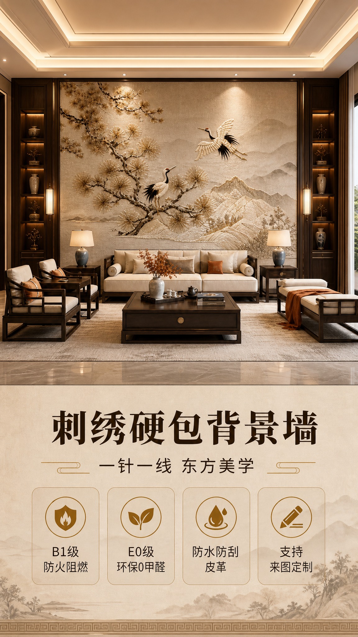 [商品] 使用【图4】松鹤长青款刺绣硬包背景墙作为推荐款展示；… - 图片创意预览