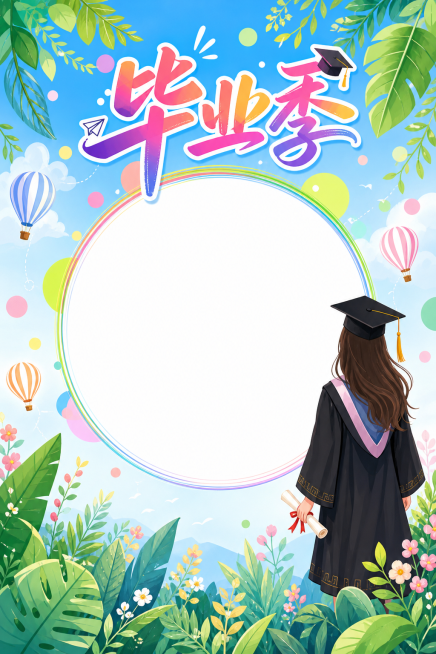 参考图风格，毕业季主题海报，保留渐变彩色艺术字'毕业季'，右侧穿学士服的毕业女生背影，绿植热气球装饰，保持圆形照片框留白，小清新插画风预览效果