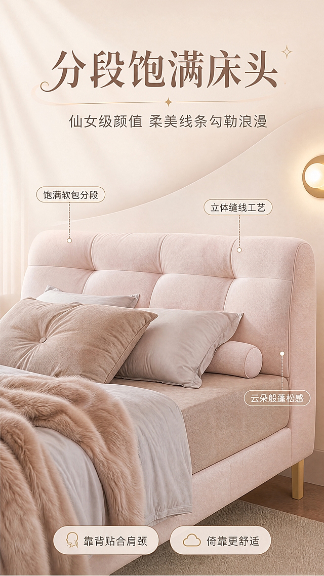 [商品] 使用【图1】奶油仙女款软包床；保留浅粉色布艺软包床头、分段饱满靠背设计、金色金属高脚、齐边床身结构、整体比例和颜色；重点展示床头部分，自然理顺面料褶皱，增强布艺纹理质感和缝线细节，不改变版型和结构。
[画面] 目标：设计美学页，突出分段饱满床头的仙女颜值与柔美线条。构图：上文下景竖版布局，顶部约1/4文案区，下方大场景床头特写。景别：中近景，床头占画面主体约70%。前中后景：前景蓬松靠枕+绒感毯子，中景分段软包床头特写，后景奶油色弧形墙面+壁灯光晕。阅读动线：从上至下，顶部主标题→副标题→中部床头视觉→底部设计亮点标签。
[视觉] 套系策略：风格=奶油仙女风轻奢家居商业摄影；标题字=柔美衬线粗体；正文字=简洁无衬线体；主色=奶油粉杏色；背景延展=基于奶油粉杏做深浅层级、同色渐变和细腻织物/乳胶漆质感；强调色=香槟金，仅用于小面积图标、引线、标签和五金光效；标题色=深奶茶棕；正文色=中暖灰；组件=圆角浅底信息卡、细线引线、柔形胶囊框；光影=左前侧暖柔自然光+纱帘漫射光，整体亮色调。
[文字] 顶部文案区：主标题「分段饱满床头」，副标题「仙女级颜值 柔美线条勾勒浪漫」。床头周围用细线引线标注3处设计细节：「饱满软包分段」「立体缝线工艺」「云朵般蓬松感」。底部2个胶囊标签：「靠背贴合肩颈」「倚靠更舒适」。文字不遮挡床头主体造型。
[规格] 图片比例9:16竖版，4K分辨率，淘宝/天猫适配，中文文案，避免变形、错字、文字过小、冷蓝/冷灰背景、床颜色改变、结构失真、极限词。