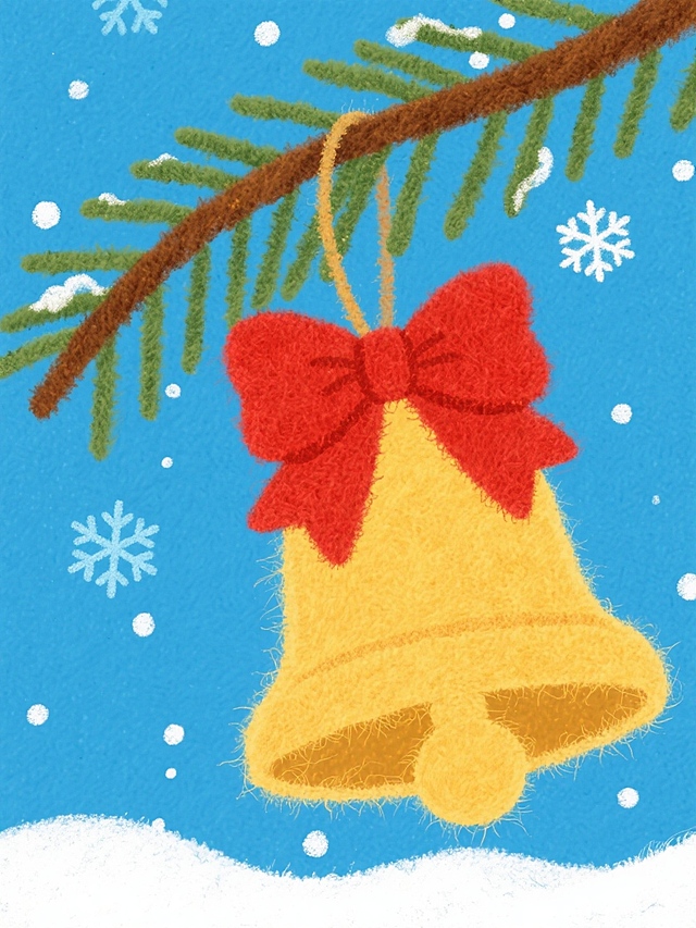 主体是黄色圣诞铃铛，顶部系着红色大蝴蝶结，斜挂在绿棕色松枝上。宝蓝色背景，并散布白色雪花斑点。
