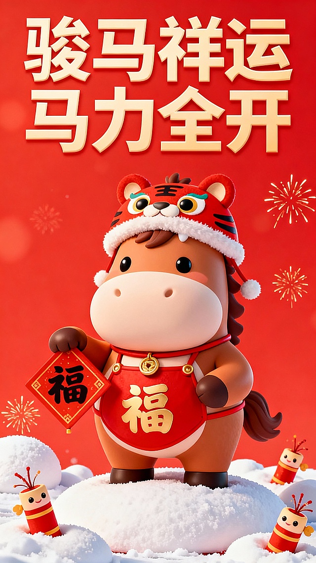 设计马年新春电商海报，9：16竖屏模式，要有马的形象，马要拟人化，海报的主角是这个拟人化的马，看起来吉祥如意，有中国春节的风格，有好运的寓意，海报上的文字排成两行，上面一行写“骏马祥运”下面一行写“马力全开”，文字要对齐，卡通3D渲染风格，背景以中国红为主，底部有积雪，有鞭炮烟花作点缀，看起来很喜庆，高级感，高清画质，细节刻画精致，生成4张不同风格的海报