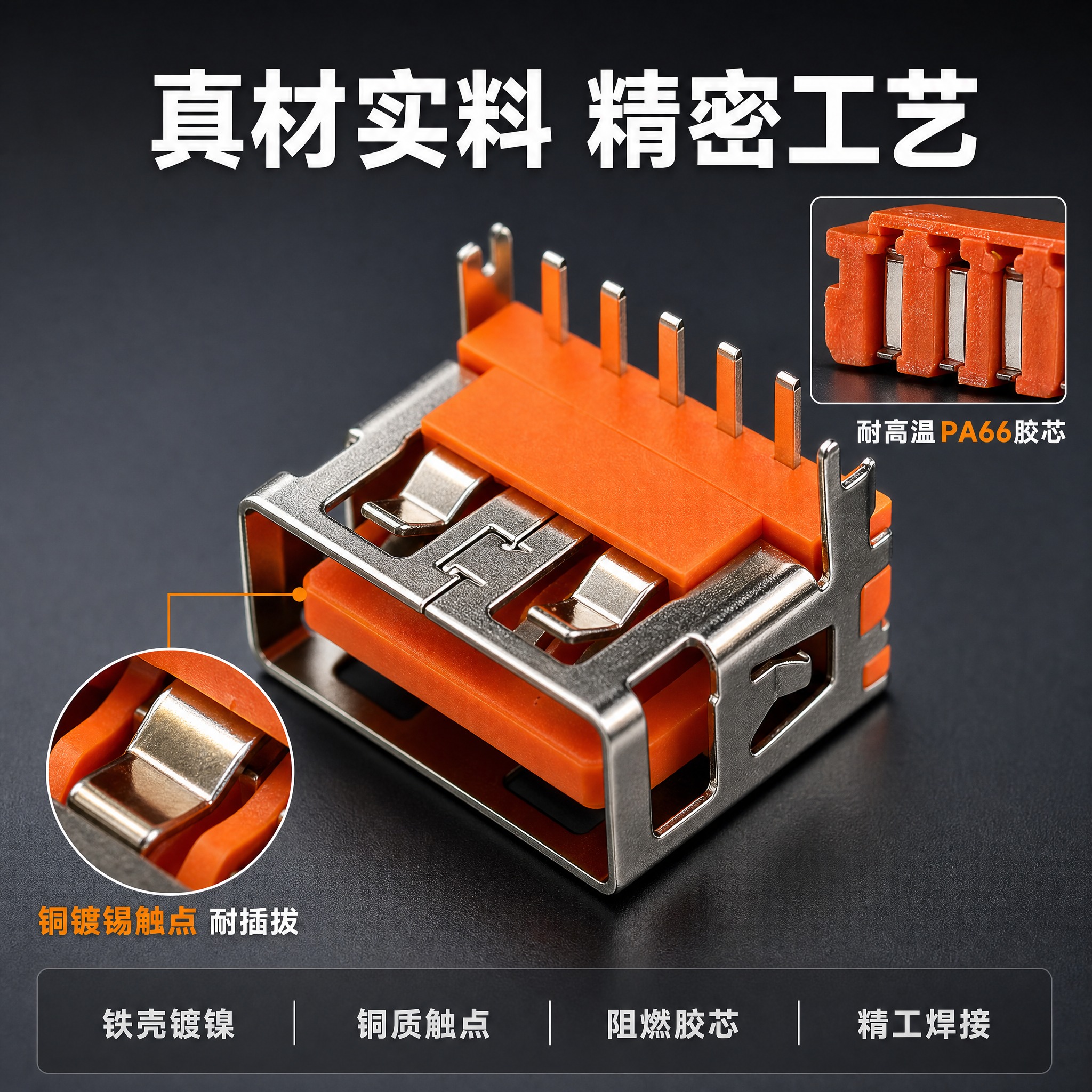 [主图-3] 材质与工艺细节图，微距展示USB母座连接器的精密… - 图片创意预览
