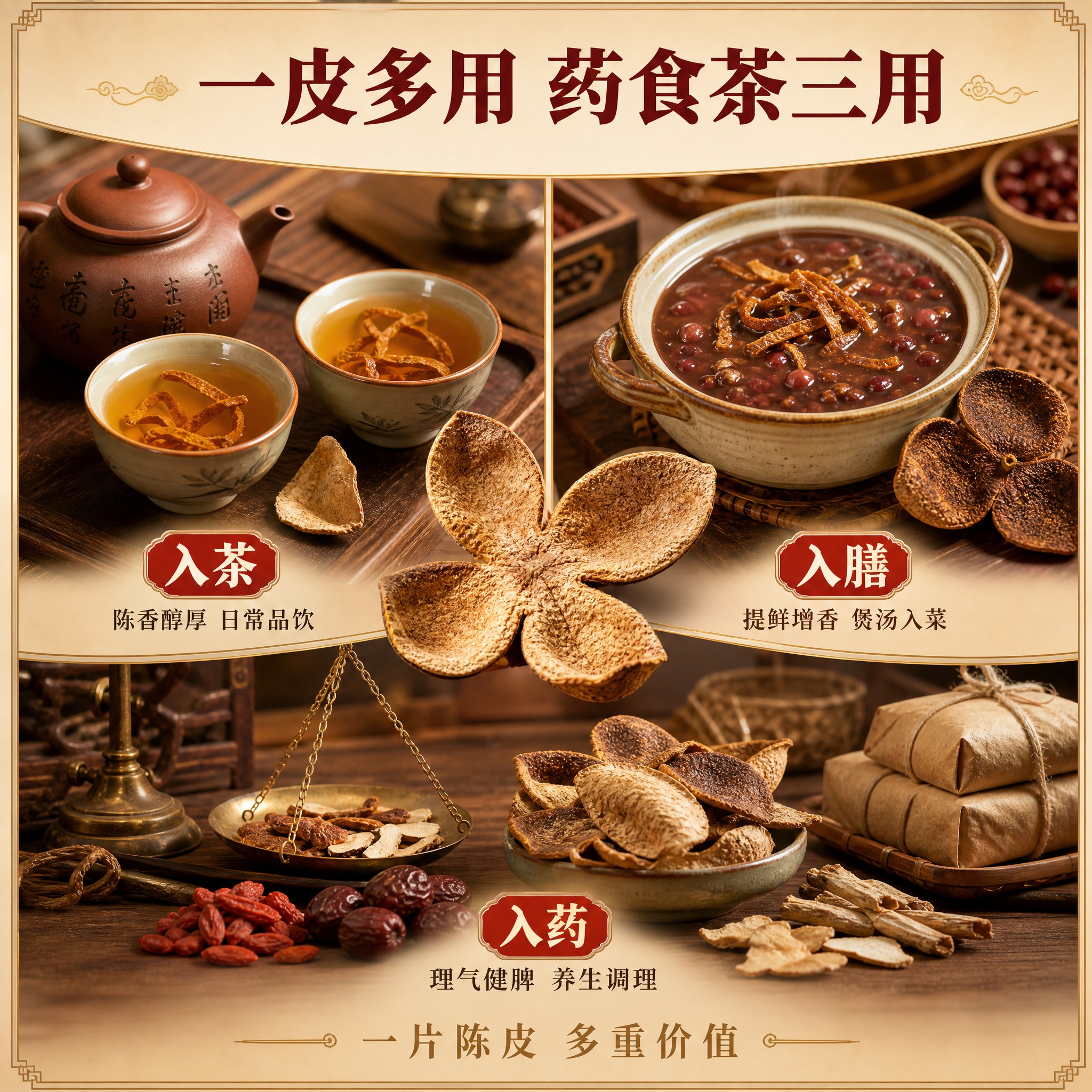 [主图-5] 一皮多用卖点图，主题为药食茶三用，突出陈皮多种使… - 图片创意预览