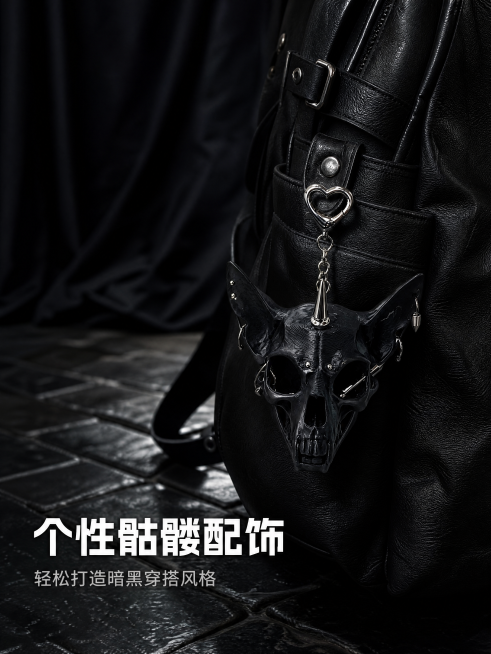 [第4屏] 产品使用场景展示-猫头骨挂件搭配暗黑穿搭场景。
[氛围/风格] 暗黑街头风，真实生活化场景，高级街拍质感。
[元素布局] 猫头骨挂件挂在黑色皮质背包侧袋上，位于画面右侧中上区域，占据约50预览效果