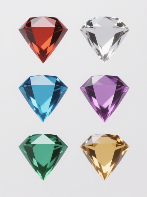 6个规整排布的素材，保持简约现代风格，每个素材为不同颜色不同形状的宝石，宝石具有光滑的表面和明亮的高光，边缘锐利清晰，采用纯色背景，无任何文字、logo和水印。预览效果