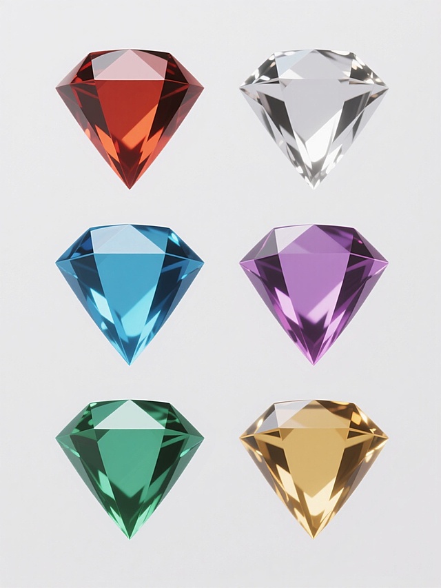 6个规整排布的素材，保持简约现代风格，每个素材为不同颜色不同形状的宝石，宝石具有光滑的表面和明亮的高光，边缘锐利清晰，采用纯色背景，无任何文字、logo和水印。