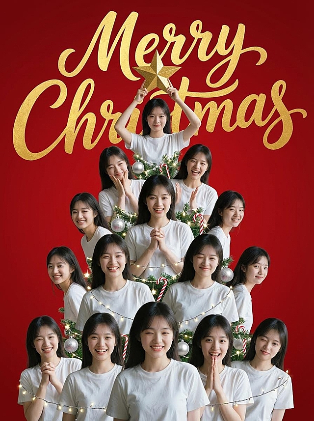 红金双色圣诞树造型，拟人拼贴设计，鎏金手写体“Merry Christmas”点缀，温馨甜蜜满溢，喜庆氛围浓郁。