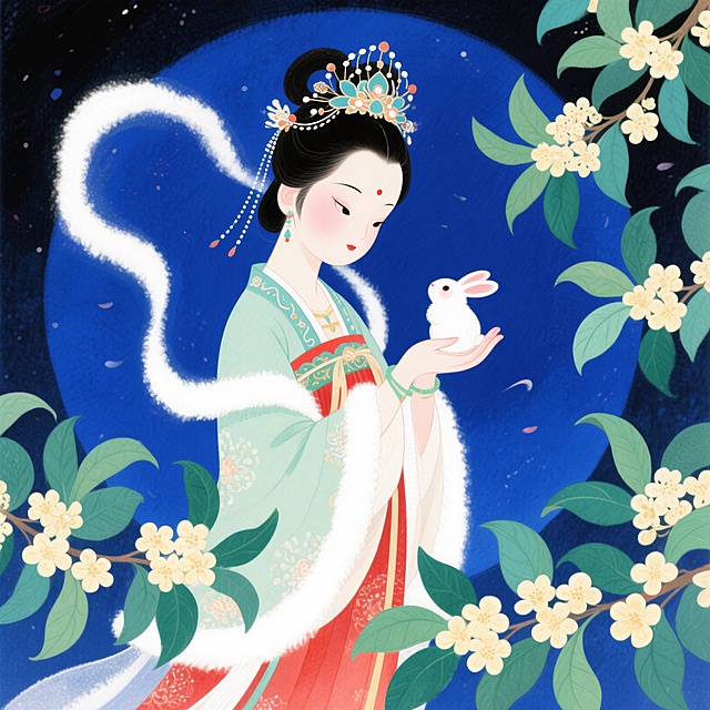 甜美绘本风格，深蓝色块背景，嫦娥女孩身着冬季精致汉服，佩戴精美头饰，手掌上的小兔子仰头注视着她，周围环绕盛放的桂花与层叠绿叶，柔和圆润笔触，蓝白绿红渐变色彩