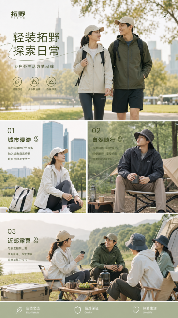 拓野轻户外品牌H5生活场景展示页，展示都市年轻人穿着简约户外服饰在城市公园、近郊露营的日常生活场景，自然融合，色调温馨清新，体现轻户外生活方式预览效果