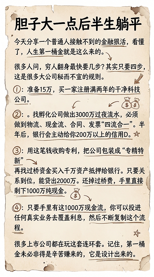 保留原图片所有文案内容不变，文案为：
胆子大一点后半生躺平
今天分享一个普通人接触不到的金融狠活，看懂了，人生第一桶金就是这么来的。
很多人问，穷人翻身最快要几步?其实只要四步，
这是很多大公司秘而不宣的规则。
第一步:准备15万，买一家注册满两年的干净科技公司。
第二步:。找孵化公司做出3000万过夜流水，必须做到物流、现金流、合同、发票“四流合一”。半年后，银行会主动给你200万以上的信用D。
第三步:用这笔钱收购专利，把公司包装成“专精特新”
再找过桥资金买入千万资产抵押给银行。只要关系到位，能贷出2000万。还掉过桥费，手里直接剩下1000万纯现金。
第四步:只要手里有这1000万现金流，你可以投进任何真实业务去覆盖利息，然后不断复制这个流程。
很多上市公司都在玩这套连环套。记住，第一桶金未必非得是辛苦赚来的，它是设计出来的。
生成小红书图文卡片，手绘笔记风格，模拟笔记本纸张背景，手写字体风格，每个步骤前面带手绘圆圈编号，保留全部文案内容不变，手账氛围感
