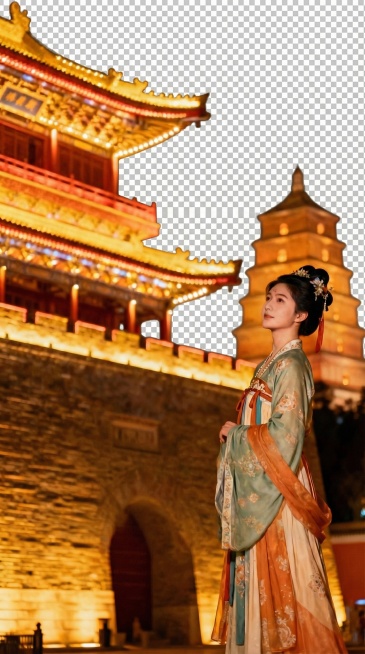 帮我抠图，人物和塔楼都要留下预览效果