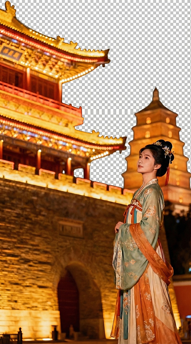 帮我抠图，人物和塔楼都要留下
