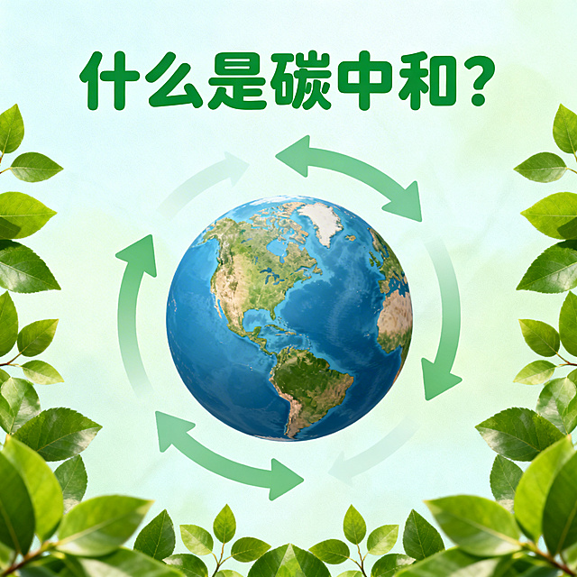 碳中和主题科普正方形图片，画面包含地球、绿色树叶、循环箭头元素，搭配文字“什么是碳中和？”，清新自然风格，色彩以绿蓝为主