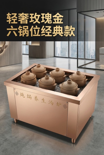 将原黑色6锅位商用养生炖汤炉整体外壳改为玫瑰金色，保留原有产品结构、陶锅和玛瑙石设计，“炖焗养生汤炉”文字标识保留，整体改为高端玫瑰金色不锈钢材质，背景为现代干净展厅场景，风格高级奢华，主标题“轻奢玫预览效果