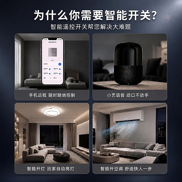 淘宝详情图，整体背景更换为更高级的深灰到深蓝的渐变背景，带有细腻的光影层次和微弱的光晕效果，高端大气有质感。所有文案内容、四个圆角卡片、卡片内的图片和文字、顶部大标题副标题全部保持完全不变，只更换整体大背景。背景升级后整体更显高端科技感，不影响任何内容元素。1:1正方形，2048x2048，2K高清，文字清晰。