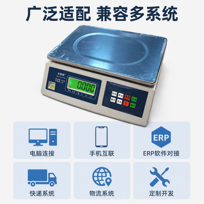 [主图-4] 电子桌称系统适配展示。
[氛围风格] 应用场景展示，清晰直观说明适配能力
[画质] 清晰商业图示，所有图标文字清晰可读
[元素] 产品主体放置在画面上部占50%，保持产品外观与原图一致。预览效果
