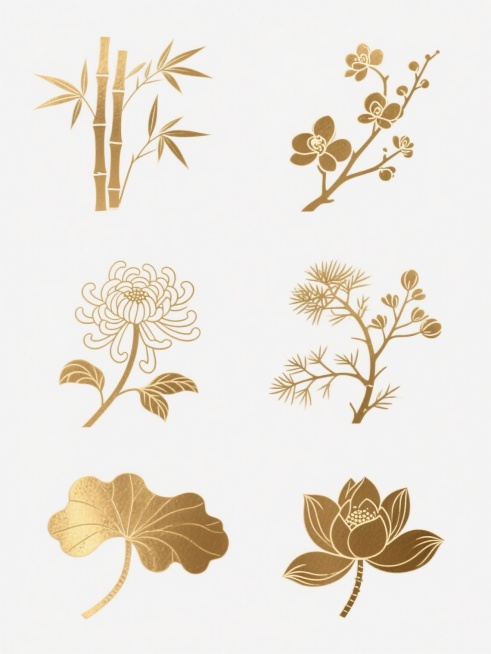 金色箔纸质感的古风元素集合，包含竹叶、梅花、兰花、菊花、松枝、荷花六个完全不同的传统花卉植物图案，每个元素均采用细长线条勾勒轮廓，叶片和花瓣呈现细腻的纹理和轻微的渐变光泽，整体风格统一为简约雅致的中国风，所有元素规整排布在纯白色背景上，形成系列素材集合。预览效果