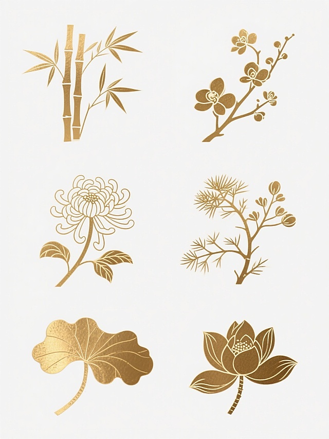 金色箔纸质感的古风元素集合，包含竹叶、梅花、兰花、菊花、松枝、荷花六个完全不同的传统花卉植物图案，每个元素均采用细长线条勾勒轮廓，叶片和花瓣呈现细腻的纹理和轻微的渐变光泽，整体风格统一为简约雅致的中国风，所有元素规整排布在纯白色背景上，形成系列素材集合。