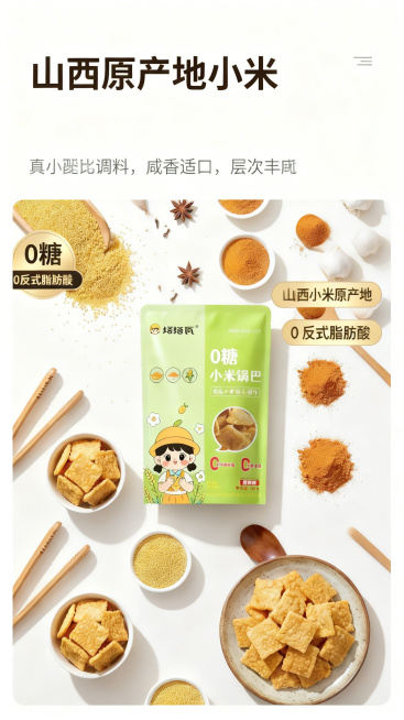 延续参考图的高级干净风格，生成塔塔瓦0糖小米锅巴产品特点详情页，突出产品真小米原料酥脆口感，使用低饱和度米白背景，柔和侧光，保持和参考图一致的排版风格，突出"山西原产地小米"核心特点预览效果