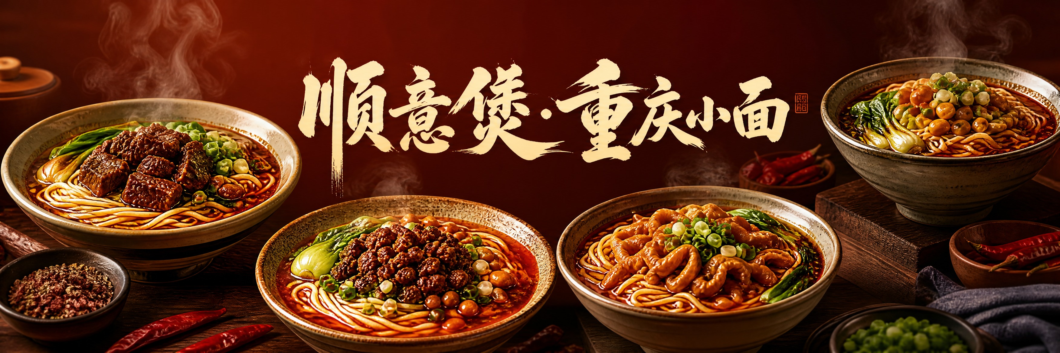重庆小面店铺海报设计，1053x264横版长条形，画面展示多碗… - 图片创意预览