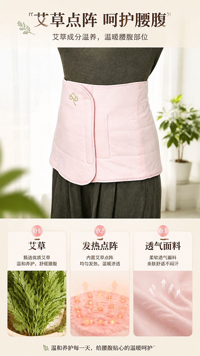 [第3屏] 详情页原理页-粉色艾草护腰带核心原理介绍。本屏使用【图2】作为佩戴展示主体。
[氛围/风格] 专业可信暖调风格，实景搭配信息卡排版，清晰直观。
[元素布局] 上半部分展示模特佩戴护腰带的正面效果，下半部分分三框展示核心成分与原理；产品外观、粉色颜色、刺绣细节与输入图一致；保留佩戴后自然贴合腰腹的形态。
[光影质感] 正面柔光，产品纹理清晰，整体影调干净明亮，没有过暗阴影。
[配色色系] 全局底色 #f8f1e4，主色粉色产品、暖棕色标题，辅助色绿色艾草元素点缀，米白色信息框。
[视角构图] 上下分栏构图，上半身模特佩戴图占上半部分，下半部分三格信息说明，阅读动线从上至下。
[文字版式] 顶部大标题「艾草点阵 呵护腰腹」，副标题「艾草成分温养，温暖腰腹部位」；三个信息框分别标注：艾草、发热点阵、透气面料，每个框配对应小图和短说明；文字清晰，不遮挡产品主体。
[比例分辨率] 9:16竖版比例，4K分辨率，文字清晰可辨，高清画质。
[负向提示词] 产品变形，颜色偏差，结构错误，缺件错件，水印，文字错乱，产品图模糊