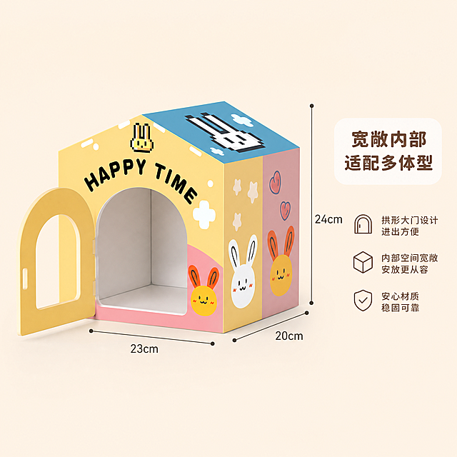 [主图-4] 宠物殡葬小房子空间尺寸展示细节图。[氛围风格] 简约明了，真实展示内部空间。[画质] 商业摄影，清晰通透。[元素] 展示宠物小房子的拱形门洞和内部空间，保持产品外观结构颜色与原图一致，开门视角展示内部宽敞空间，让买家直观了解容纳尺寸。背景干净浅暖米色，产品居中。[光影] 柔光均匀照亮内部空间，无暗角，空间感清晰。[配色] 保持原产品多彩设计，背景浅暖柔和。[文字版式] 右侧标注尺寸线提示，圆角标签写着"宽敞内部 适配多体型"，字体圆润，信息清晰。[比例分辨率] 1:1 800*800，2k分辨率超高清。[负向提示词] 结构变形，尺寸标注错误，背景杂乱，水印