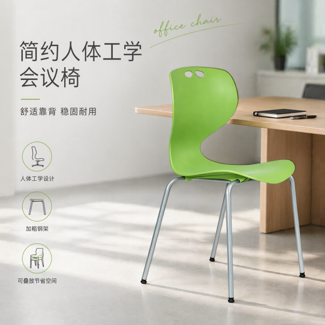[单张主图] 商品名称会议椅，选择高级氛围感主图，目标是展示简约专业办公椅，适配淘宝天猫平台。
[画面主体] 绿色一体成型PP靠背座椅，四条银色镀铬加粗钢架椅腿，黑色防滑脚垫，保持产品外观、结构、材质预览效果