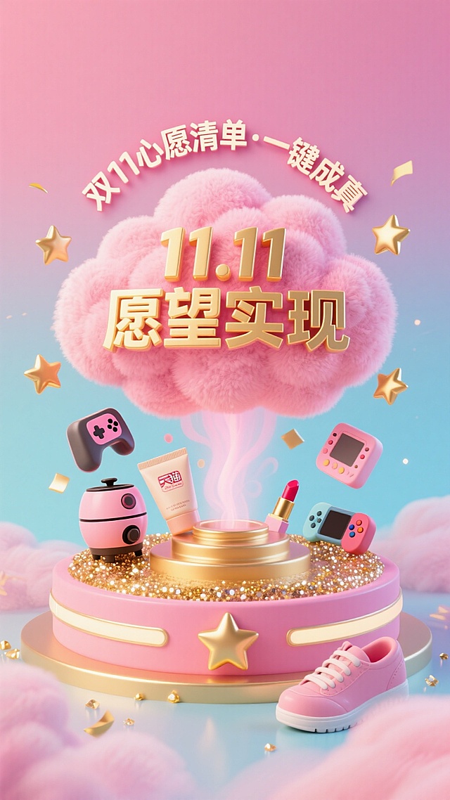 梦幻粉蓝渐变背景，软3D毛绒云朵托起金色文字“11.11愿望实现”，搭配卡通化商品与鎏金元素，营造甜蜜可爱、重拟物的节日氛围。