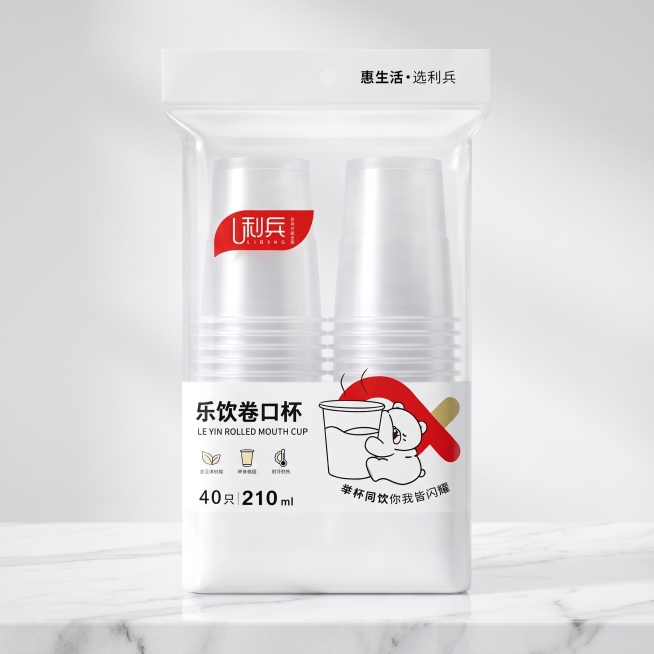 乐饮卷口杯商品主图，主题“乐饮卷口杯”，副主题“举杯同饮你我皆闪耀”，品牌为利兵，包装展示40只装 210ml，风格简约干净，电商主图，突出产品包装设计预览效果