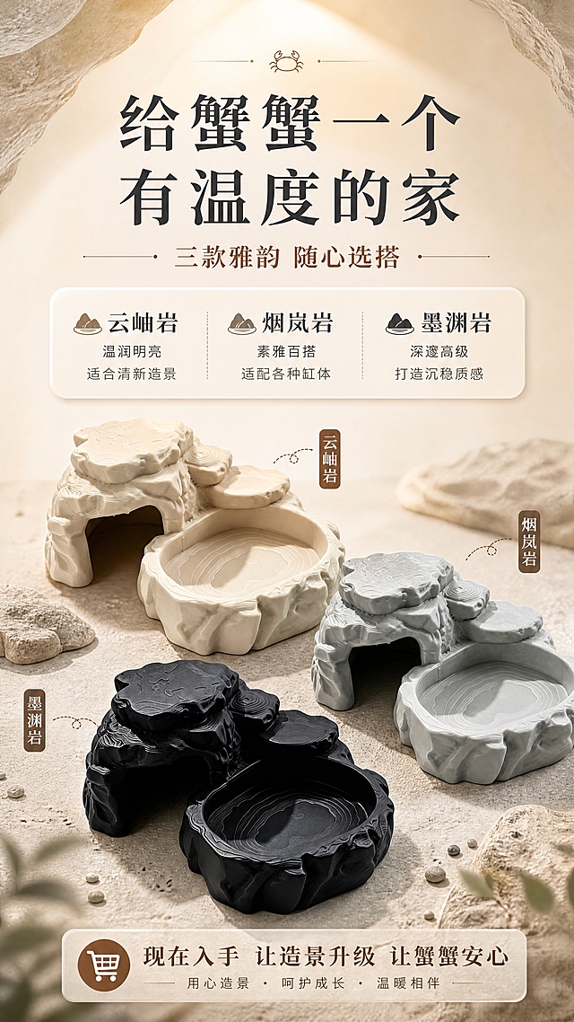 [商品] 使用【图1】米白款云岫岩、【图2】浅灰款烟岚岩、【图3】玄黑款墨渊岩三款寄居蟹躲避屋；保留每款原有的岩石纹理结构、颜色和PLA材质质感；岩石纹理清晰体现，不改变产品结构和比例。
[画面] 目标：行动号召页，选品指南+品牌理念，引导下单。构图：三款产品呈三角形错落摆放于画面下半部分，占画面50%。上半部分为大标题和选品建议。背景为暖米色到浅棕的渐变，顶部有柔和光晕，底部有细腻沙石纹理装饰。整体氛围温暖治愈，传递"给寄居蟹一个温馨的家"的情感。阅读动线：顶部大标题→中部选品建议→底部三款产品+行动引导。
[视觉] 套系策略：风格=高级自然造景风·商业静物摄影；标题字=现代宋体粗体（衬线体，有文化质感）；正文字=简洁无衬线体；主色=米灰大地色系；背景延展=基于米灰做深浅渐变、同色系层次、细腻沙石/岩石质感；强调色=深赭石色，仅用于小面积图标、引线、雅称标签和点缀；标题色=深炭灰；正文色=中暖灰；组件=圆角浅底信息卡、细线引线、岩石纹理装饰边；光影=左前侧45度柔光，右侧补光，岩石纹理形成自然明暗层次，底部柔和投影。
[文字] 顶部主标题："给蟹蟹一个有温度的家"；副标题："三款雅韵 随心选搭"；中间选品建议："云岫岩·温润明亮 适合清新造景 | 烟岚岩·素雅百搭 适配各种缸体 | 墨渊岩·深邃高级 打造沉稳质感"；底部行动号召："现在入手 让造景升级 让蟹蟹安心"；文字横排，层级分明。
[规格] 图片比例9:16竖版，4K，避免变形、错字、文字过小、颜色偏差、纹理模糊、产品结构改变、冷蓝/冷灰背景主色、虚假促销承诺。