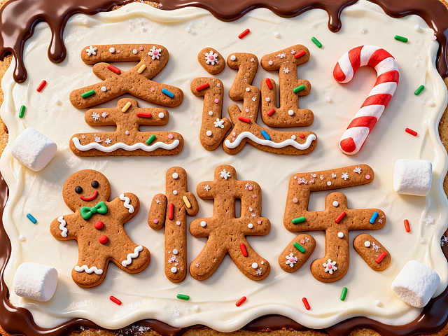 可爱的“圣诞快乐”艺术字，字体由姜饼人、拐杖糖、糖霜和棉花糖拼接而成。表面有糖粒和彩色糖针装饰，像刚出炉的糕点。背景是奶白色的糖霜底板，边缘有融化的巧克力感。柔和的漫射光，色彩鲜艳，让人有食欲，黏土动画风格。