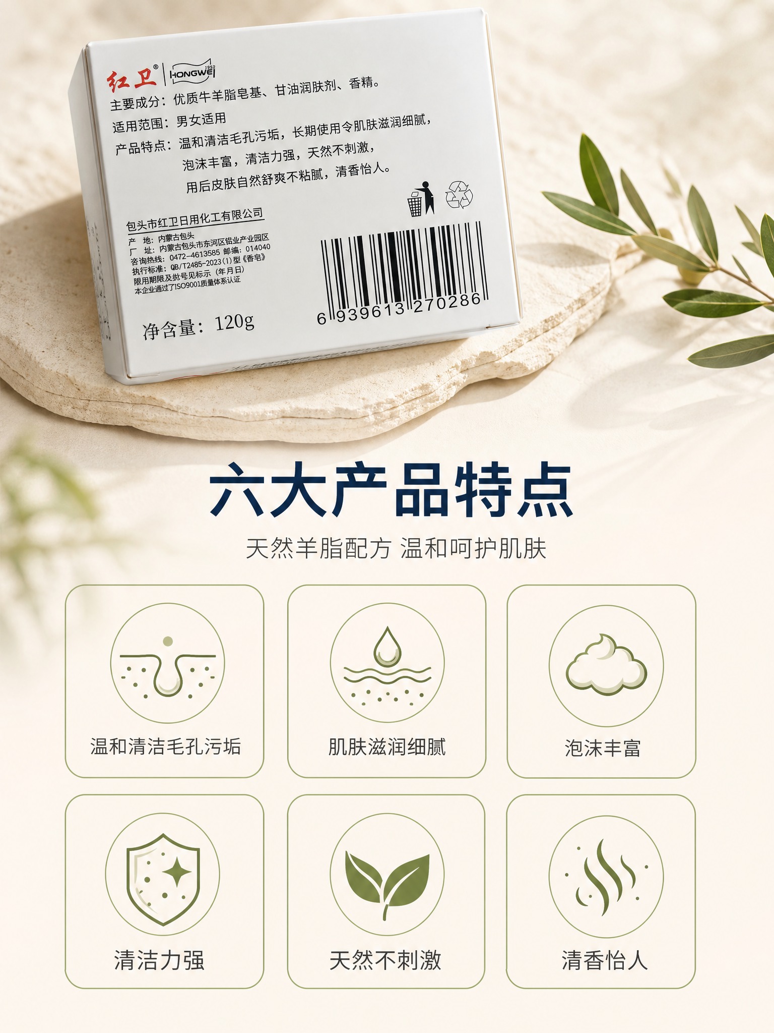 [主图-2] 红卫羊脂皂产品特点信息图，详细展示六大产品优势。… - 图片创意预览