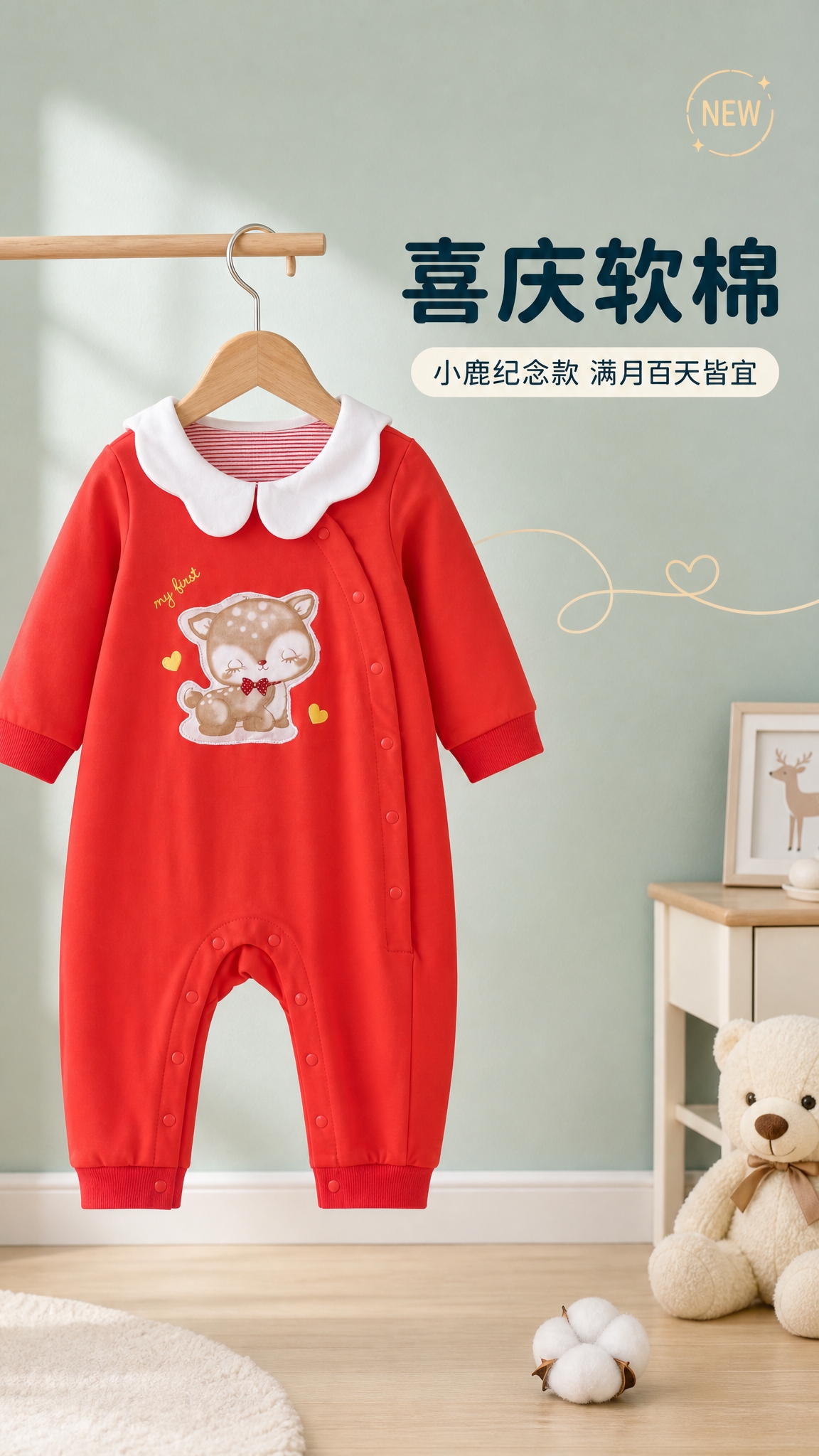 [主图-1] 首图英雄图，展示红色小鹿娃娃领连体爬服全貌。本张… - 图片创意预览