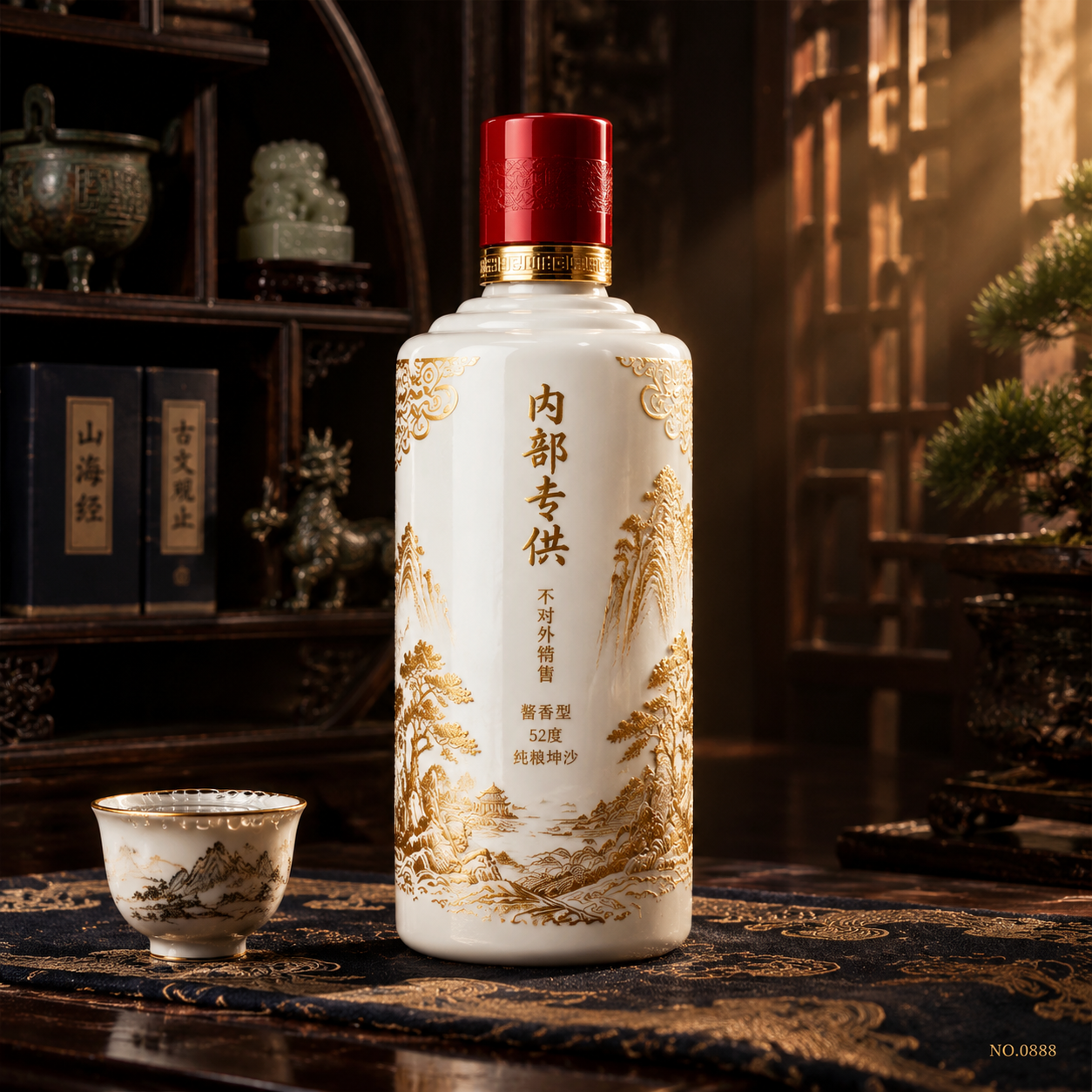 纯侧面视角，展现瓶身侧面金色山水纹样全貌与侧面专属文字。红色瓶… - 图片创意预览
