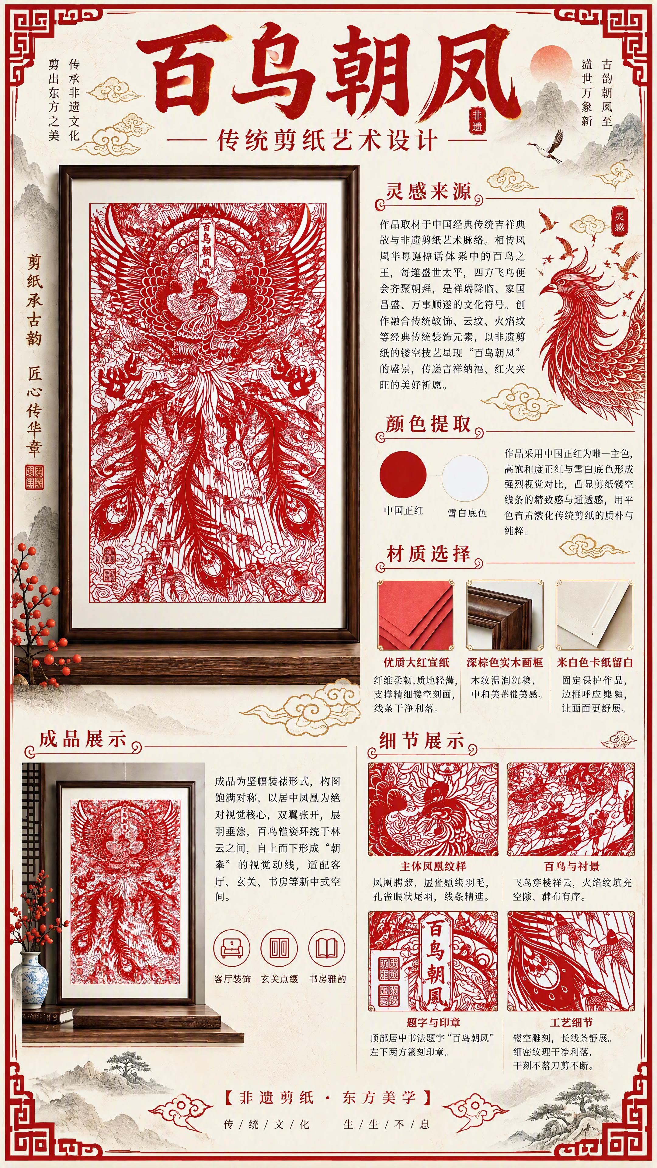 将这张《百鸟朝凤》剪纸参赛海报升级为4K超清精细化版本，整体版… - 图片创意预览