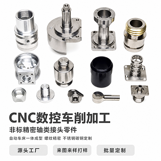 [主图1] CNC数控车削加工非标精密轴类接头首图引流主视觉。
[氛围风格] 专业简洁工业风，清爽规整易读，突出产品真实质感。
[画质] 商业摄影质感，光线柔和通透，产品清晰真实，画面干净高级，金属细节锐利。
[元素] 多款不同规格的CNC车削零件整齐平铺组合，居中排布，构图饱满；纯白干净背景，保留所有零件原有结构、形状和不锈钢金属质感，产品主体占比约70%，底部留出信任标签区域；主体无遮挡，所有零件轮廓完整，金属反光自然干净。保持产品外观物理结构、材质质感、颜色与输入产品图绝对一致，杜绝任何变形和色差，精细化处理。
[光影] 顶部柔光为主光源，左侧辅助光勾勒金属轮廓，底部柔和阴影，金属零件表面高光清晰，螺纹和切削纹理细节清楚，明暗层次自然，没有脏反光和过曝。
[配色] 纯白背景#ffffff，主色不锈钢银灰色，文字使用深灰色，信任标签使用浅灰色底。
[视角构图] 正面平视，所有零件完整展示，主体居中饱满，景深适中，背景纯净无杂物。
[文字版式] 上方左侧留主标题："CNC数控车削加工" 大号粗体深灰色；下方主标题："非标精密轴类接头零件" 中号深灰色；辅助小字放在主标题下方："自动车床一体成型 螺纹精密 不锈钢碳钢定制" 小号深灰色；底部横向排列三个圆角信任标签，分别为："源头工厂"、"来图来样打样"、"批量定制"，浅灰色底深灰色字，均匀分布不遮挡产品。文字清晰可读，都在产品下方负空间，不遮挡主体。
[输出要求] 1:1比例，2048px*2048px，文字清晰可辨，超高清商业摄影质感。
[负向提示词] 变形，文字错乱，产品图模糊，背景杂乱，水印，电商平台Logo，缺件错件，颜色偏差。