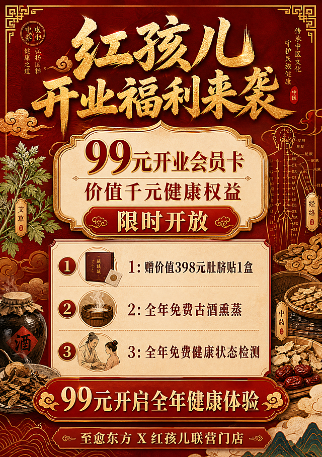 A4竖版民族中医开业活动海报，中国传统民族风格，主色调为朱砂红与烫金配色，融入祥云、艾草、中药、经络、传统纹样等中医元素，画面庄重典雅富有东方韵味。顶部大标题："红孩儿开业福利来袭"，醒目烫金字体。中间突出："99元开业会员卡 价值千元健康权益 限时开放"。下方列出三项权益："1：赠价值398元肚脐贴1盒"、"2：全年免费古酒熏蒸"、"3：全年免费健康状态检测"，排版清晰有序。底部标语："99元开启全年健康体验"，最下方署名："至愈东方X 红孩儿联营门店"。整体设计富有民族中医文化感，层次分明，信息传达清晰。