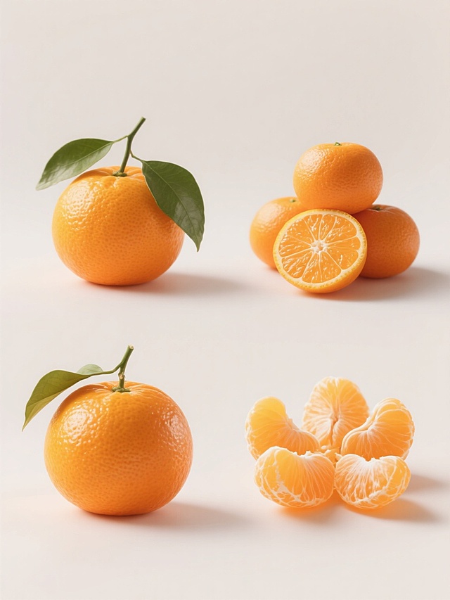 一套4个规整排布的素材，每个素材均为高写实主义风格的橘子特写，保持与原图一致的明亮自然光效果、细腻的果皮纹理与光泽感、水润饱满的果肉质感。每个素材中橘子的造型样式各不相同：包含完整带叶的橘子、堆叠的橘子、剥开一半露出果肉的橘子、以及被分成几瓣的橘子果肉。所有素材均采用纯色背景，无文字、无logo、无水印，整体构图简洁，色彩以橘子的橙黄色为主，搭配绿色叶片作为点缀，光影过渡自然，细节清晰，具有强烈的视觉真实感和新鲜感。