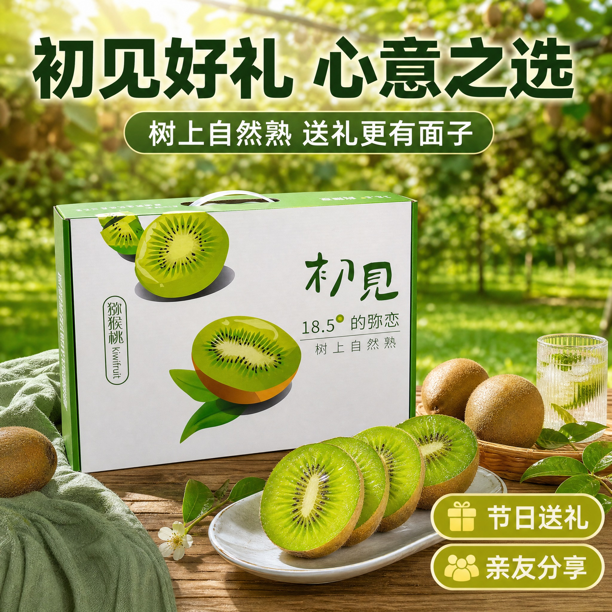 [主图-3] 场景与礼赠：翠香猕猴桃礼盒装送礼场景图，主打节日… - 图片创意预览