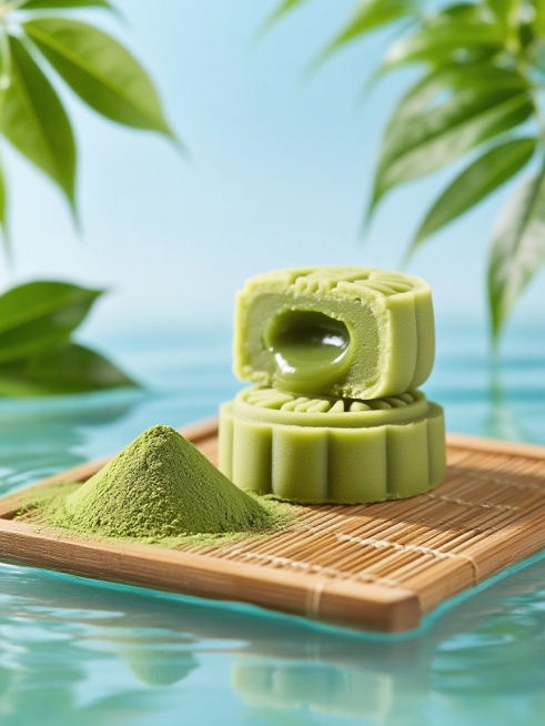 月饼和抹茶粉放置在竹片上，背景是绿叶和淡蓝色水面预览效果