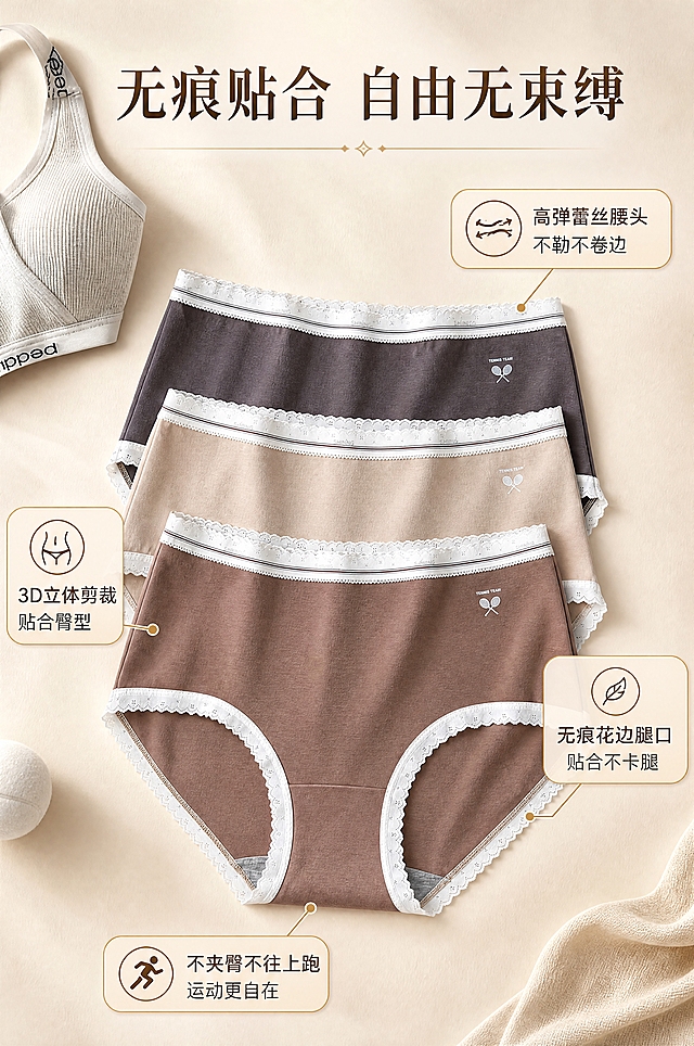 [商品] 使用【图5】三条叠放女士内裤展示；商品处理：保留中腰版型、蕾丝花边腰头、网球拍小标、灰棕/米杏/深暗灰三色、面料纹理和缝线细节；去除左上角"倾国秀"LOGO及底部"运动健身必需 透气面料，久坐也不黏腿""#16167-16168"文字；自然理顺面料褶皱，增强无痕边缘的贴合感和面料质感，不改变版型结构和颜色。
[画面] 目标：无痕贴合版型解析，突出不束缚不卷边；构图：中间大产品图（三条叠放展示正面版型），四周用引线标注4个版型优势；景别：中景正面；阅读动线：从中心向四周扩散；前景内裤清晰展示腰头蕾丝、腿围花边和整体版型，背景浅米色哑光台面，左上角运动内衣道具点缀。
[视觉] 套系策略：风格=高级少女运动风商业摄影，浅米色+金色品牌质感；标题字=纤细优雅宋体衬线粗体；正文字=简洁无衬线体；主色=浅米色；背景延展=基于浅米色做深浅层级、同色渐变和细腻织物/哑光纸张质感；强调色=香槟金色，仅用于小面积图标、引线、标签装饰和标题描边；标题色=深暖棕；正文色=中暖灰；组件=圆角浅金信息卡、细金线引线、精致小图标；光影=左前侧暖柔光，柔和阴影，通透干净。
[文字] 上方主标题"无痕贴合 自由无束缚"；四个引线标注：腰头位置引向「高弹蕾丝腰头 不勒不卷边」、腿围位置引向「无痕花边腿口 贴合不卡腿」、侧面引向「3D立体剪裁 贴合臀型」、底部引向「不夹臀不往上跑 运动更自在」；文字横向排版，金色引线精致标注。
[规格] 图片比例2:3竖版，分辨率4K，质量medium；避免变形、错字、文字过小、冷蓝/冷灰背景、面料颜色改变、版型失真、低俗擦边、绝对化用语。
