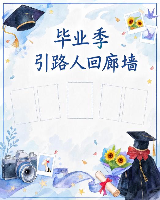 在原图基础上仅修改文字内容：第一行文字为"毕业季"，第二行文字为"引路人回廊墙"，使用字语青梅硬笔字体，位置保持在画面中上方，其余所有元素（学士帽、相机、照片框、向日葵花束、卷轴、星星、彩带等）均不改预览效果