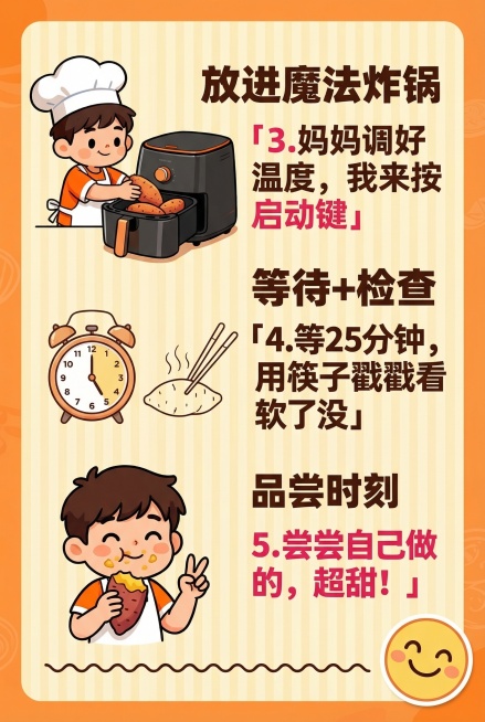A4尺寸亲子厨房手册烤红薯操作步骤下半部分页，和封面保持同款童趣活泼卡通风格，延续封面的卡通小男孩、暖橙黄配色等元素，和之前的操作步骤页风格统一。分为3个步骤：1. 第三步“放进魔法炸锅”：左侧是和封预览效果